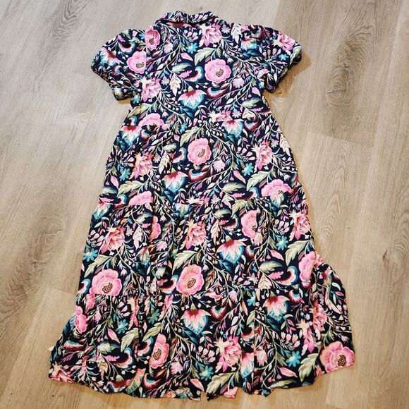 Crown & Ivy Petite Med Challis Floral Dress Pink Navy Button Up Pockets Prairie - Picture 2 of 5
